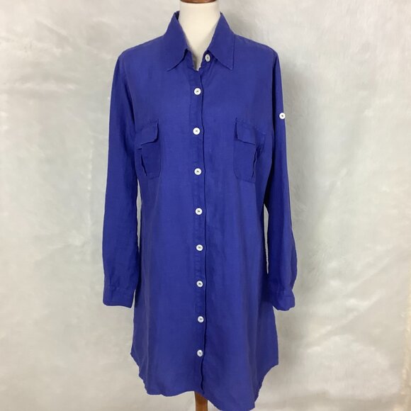 Haris Cotton Blue Long Sleeve Button Front 100% Linen Roll Tab Sleeve Dress L - Picture 1 of 8